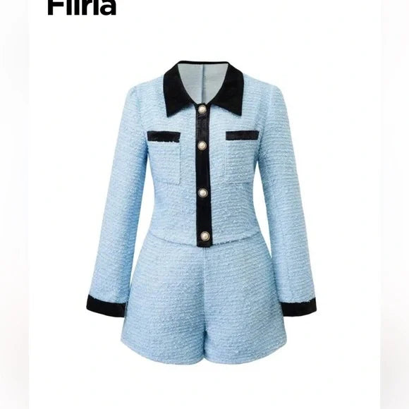 SHEIN Blue and Black High Waist Women Shorts Set