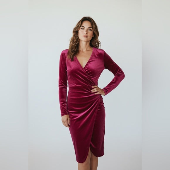 Striking Fuchsia Long Sleeve V-Neck Bodycon Dress