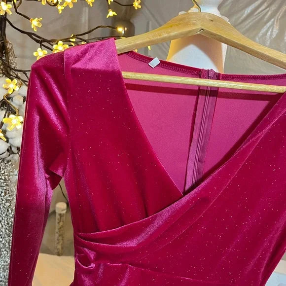 Striking Fuchsia Long Sleeve V-Neck Bodycon Dress