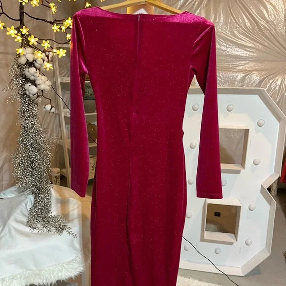 Striking Fuchsia Long Sleeve V-Neck Bodycon Dress