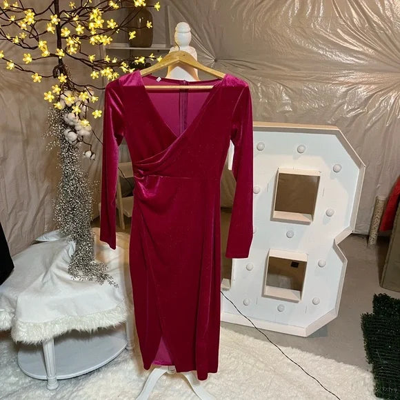 Striking Fuchsia Long Sleeve V-Neck Bodycon Dress