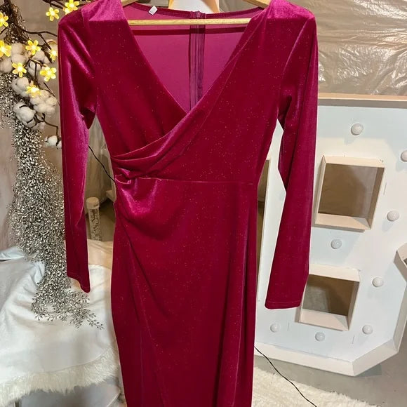 Striking Fuchsia Long Sleeve V-Neck Bodycon Dress