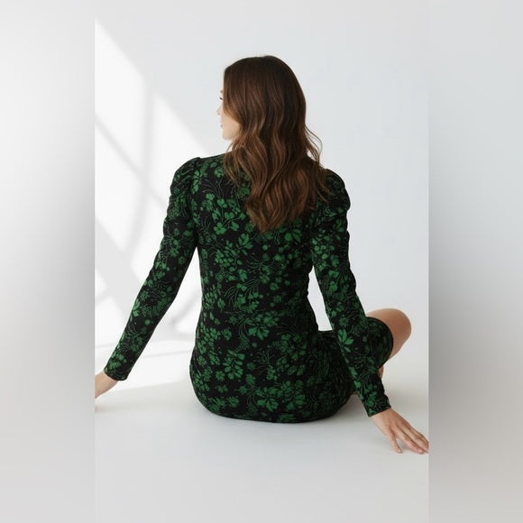 Who What Wear Black and Green Puff Sleeve Sheath Dress