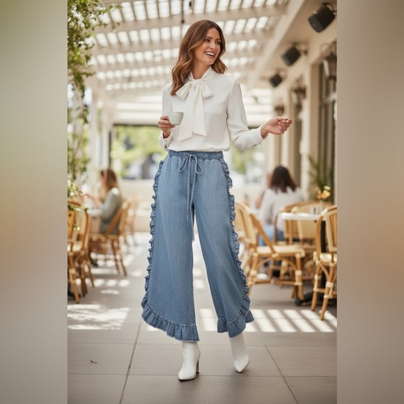 Women's Blue Wide-Leg Ruffle Jeans