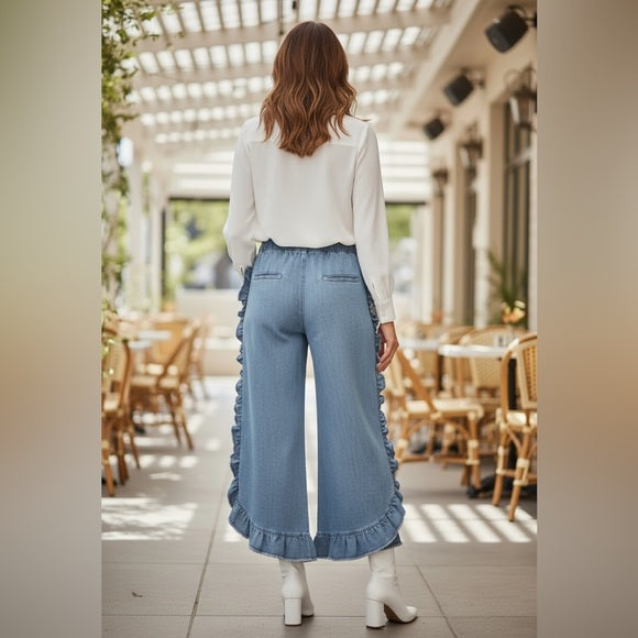 Women's Blue Wide-Leg Ruffle Jeans