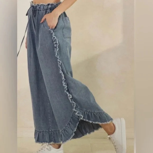 Women's Blue Wide-Leg Ruffle Jeans