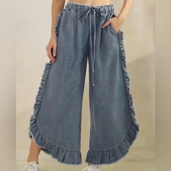 Women's Blue Wide-Leg Ruffle Jeans