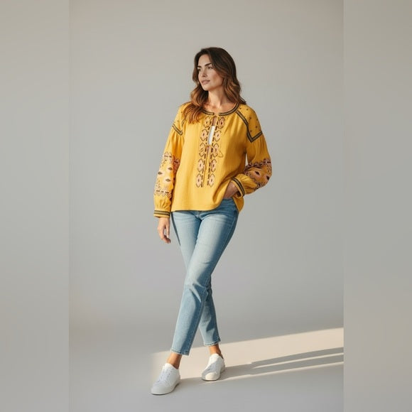 Yellow Embroidered Blouse with Bohemian Flair