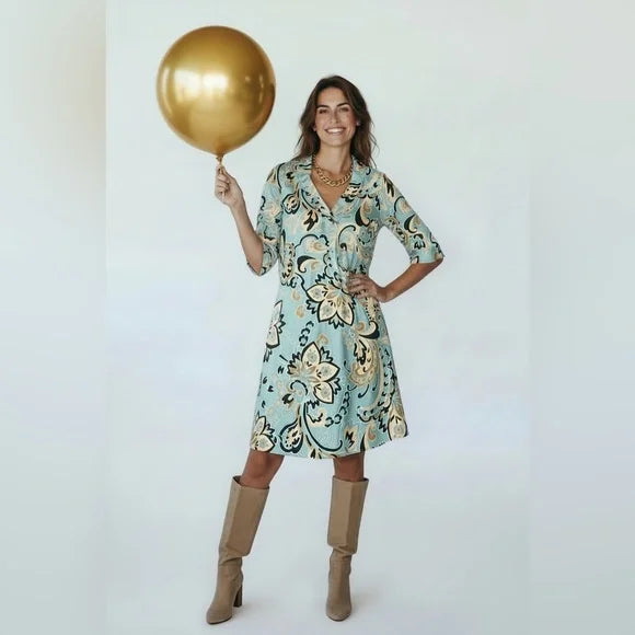 Zara Blue and Gold Floral Midi Dress