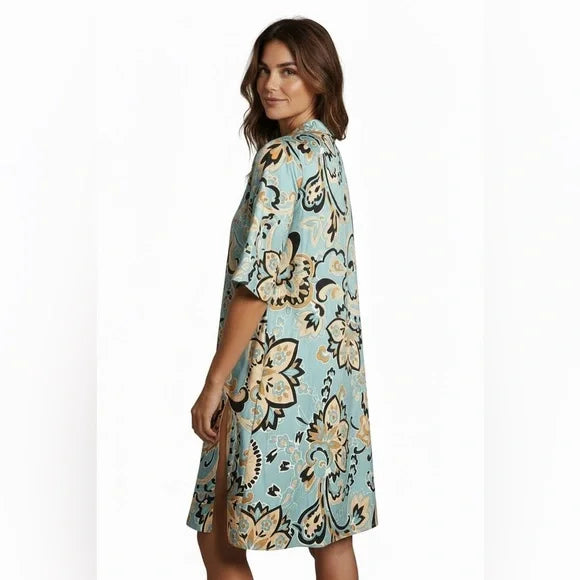 Zara Blue and Gold Floral Midi Dress