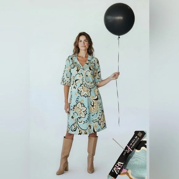 Zara Blue and Gold Floral Midi Dress